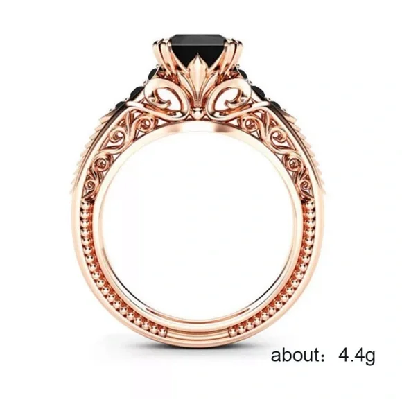 New Rose Gold 925 Sterling Silver Black Princess Cut Zircon Ring - Picture 5 of 5